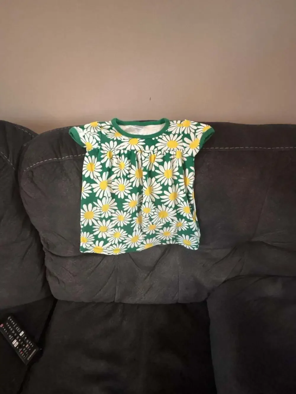 Hanna Andersson Baby Girl Green Daisy Print Short Sleeve Smock Top 12-18 Months